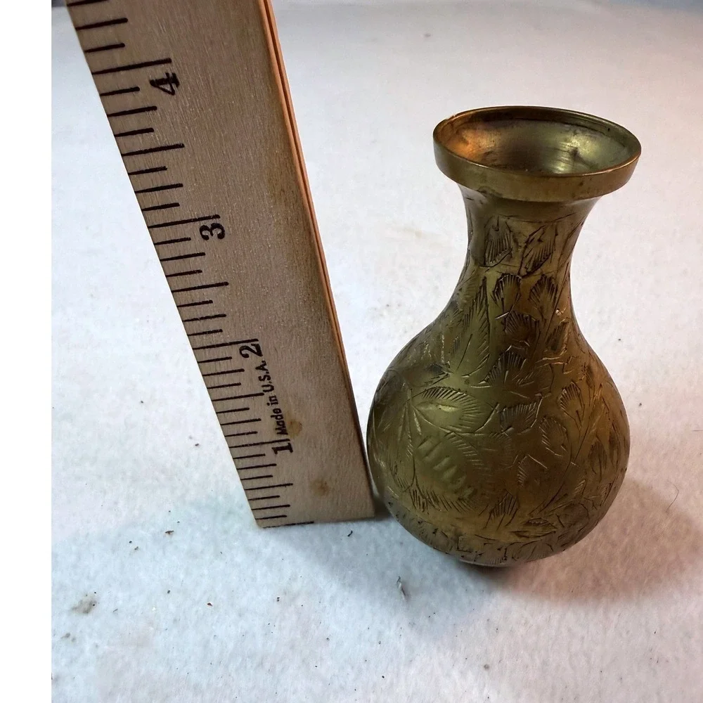 Vintage‎ Etched Brass Bud Vase Hand Engraved Floral Boho Hollywood Regency Decor